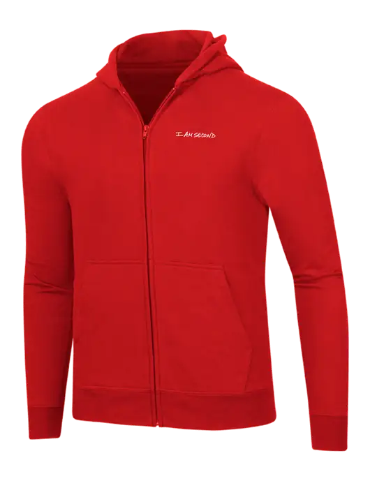 Bright Red 8.5 oz Ring Spun Zip Hooded Sweatshirt w/I Am Second Logo