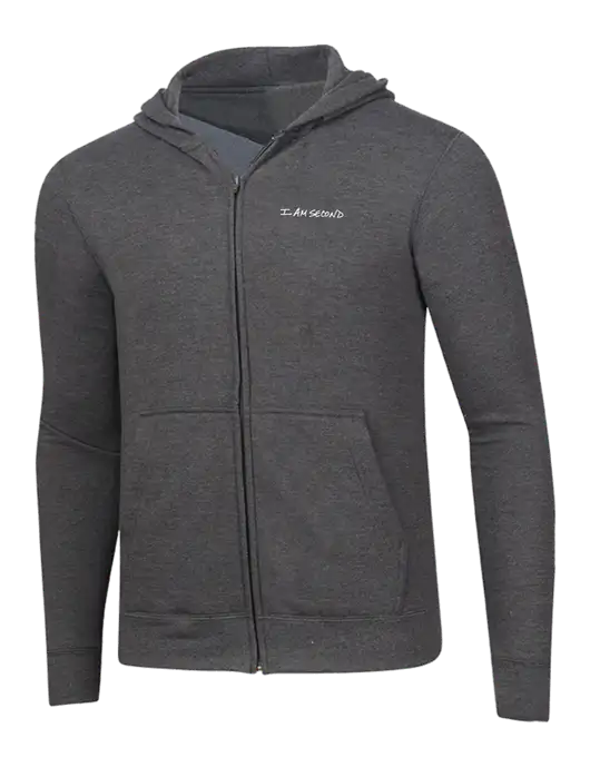 Dark Heather Grey 8.5 oz Ring Spun Zip Hooded Sweatshirt w/I Am Second Logo