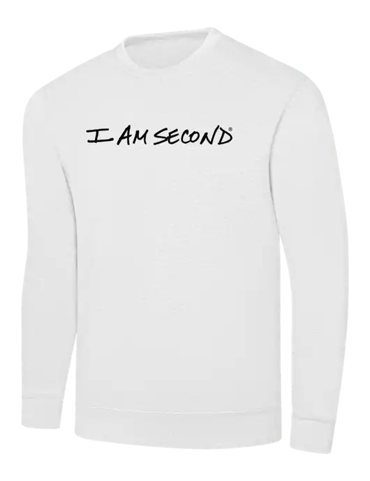 White 7.8 oz Ring Spun Crew Sweatshirt w/I Am Second Logo