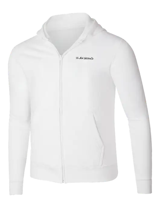 White 8.5 oz Ring Spun Zip Hooded Sweatshirt w/I Am Second Logo