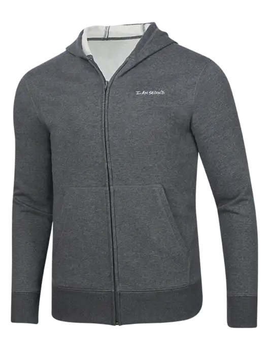Full-Zip Dark Grey Heather Heavyweight Hooded Sweatshirt w/I Am Second Logo