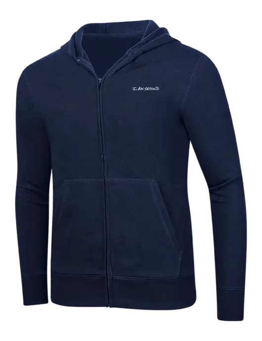 Full-Zip Navy Heavyweight Hooded Sweatshirt w/I Am Second Logo