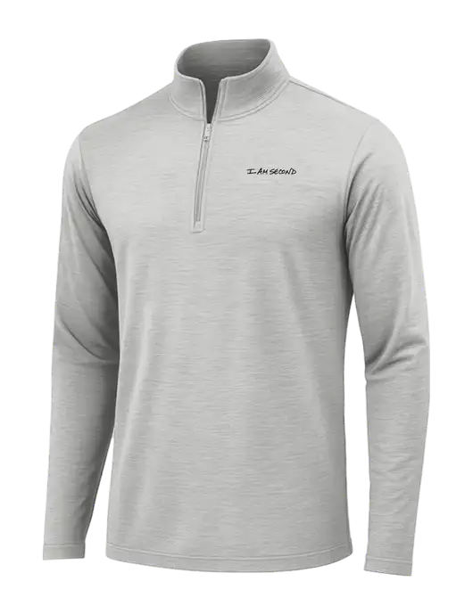 Light Grey Heather Posicharge Tri-Blend Wicking 1/4 Zip Pullover w/I Am Second Logo