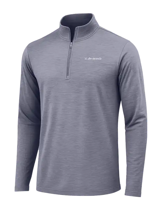 True Navy Heather Posicharge Tri-Blend Wicking 1/4 Zip Pullover w/I Am Second Logo