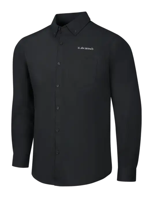 Black Long Sleeve Carefree Poplin Shirt w/I Am Second Logo
