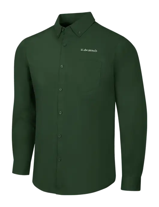 Forest Green Long Sleeve Carefree Poplin Shirt w/I Am Second Logo