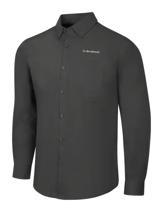 Dark Grey Long Sleeve Carefree Poplin Shirt w/I Am Second Logo
