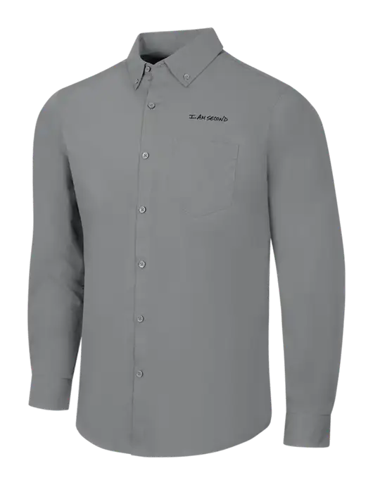 Medium Grey Long Sleeve Carefree Poplin Shirt w/I Am Second Logo