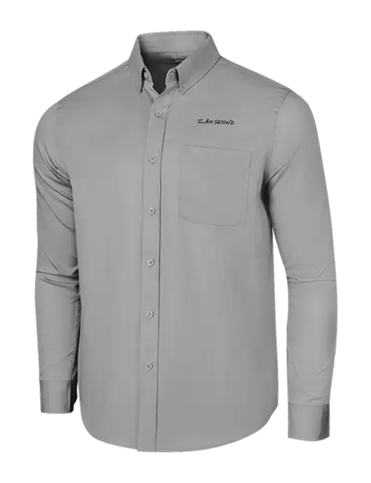 Long Sleeve Light Grey Superpro React Twill Shirt w/I Am Second Logo
