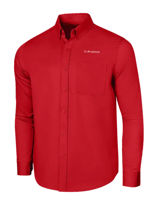 Long Sleeve Red Superpro React Twill Shirt w/I Am Second Logo