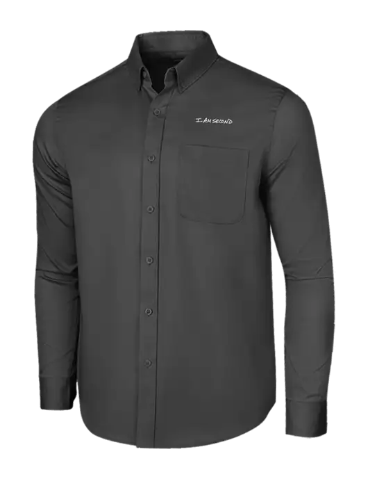 Long Sleeve Dark Grey Superpro React Twill Shirt w/I Am Second Logo