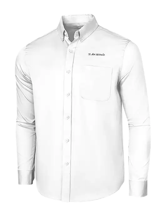 Long Sleeve White Superpro React Twill Shirt w/I Am Second Logo