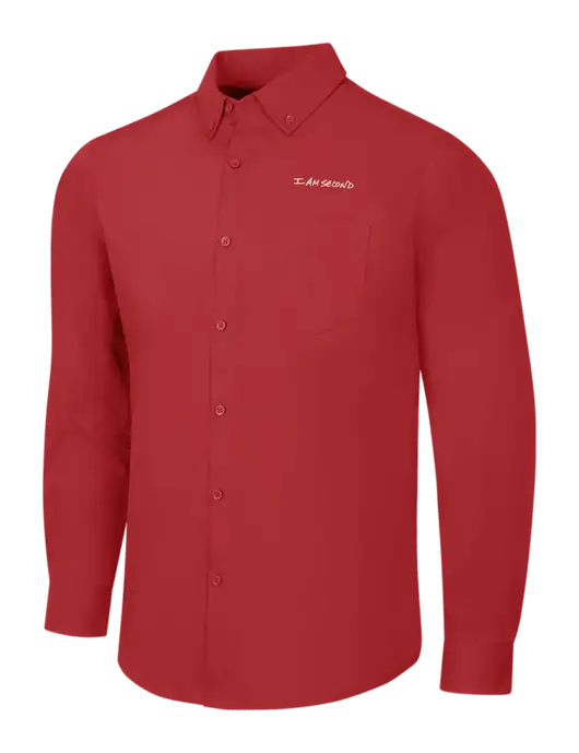 Red Long Sleeve Carefree Poplin Shirt w/I Am Second Logo