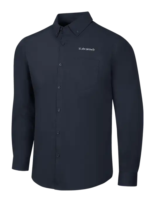 Navy Long Sleeve Carefree Poplin Shirt w/I Am Second Logo