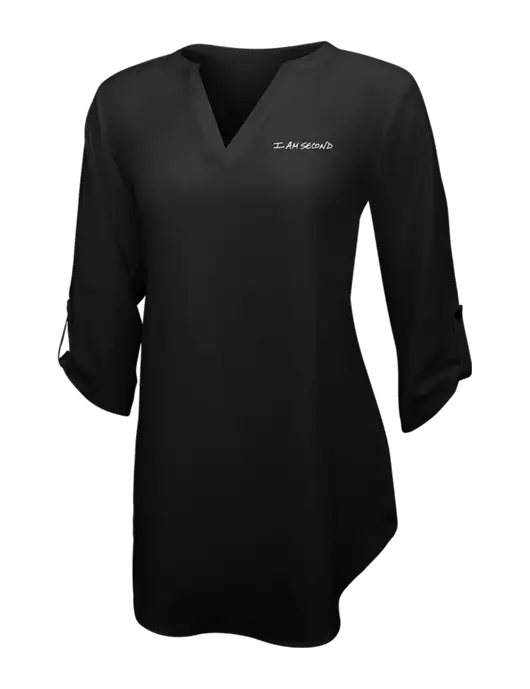 Womens Black 3/4 Sleeve Tunic Blouse w/I Am Second Logo