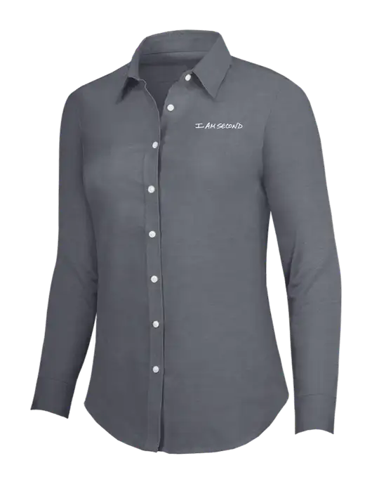 Dark Grey Womens SuperPro Oxford Shirt w/I Am Second Logo