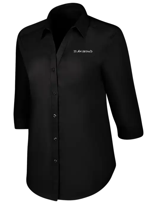 Womens Black 3/4 Sleeve Carefree Poplin Shirt w/I Am Second Logo
