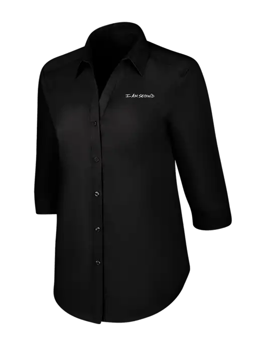 Womens Black 3/4 Sleeve Carefree Poplin Shirt w/I Am Second Logo
