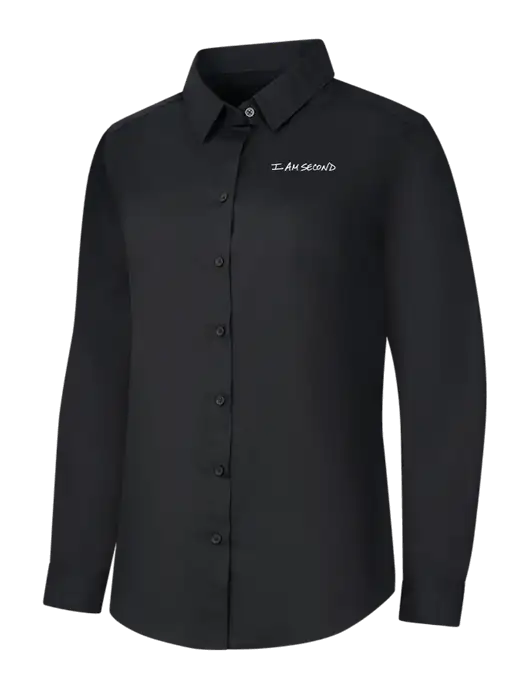 Womens Black Long Sleeve Carefree Poplin Shirt w/I Am Second Logo