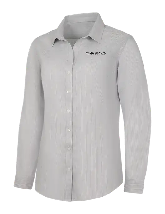 Light Grey/White Womens Pincheck Easy Care Shirt w/I Am Second Logo