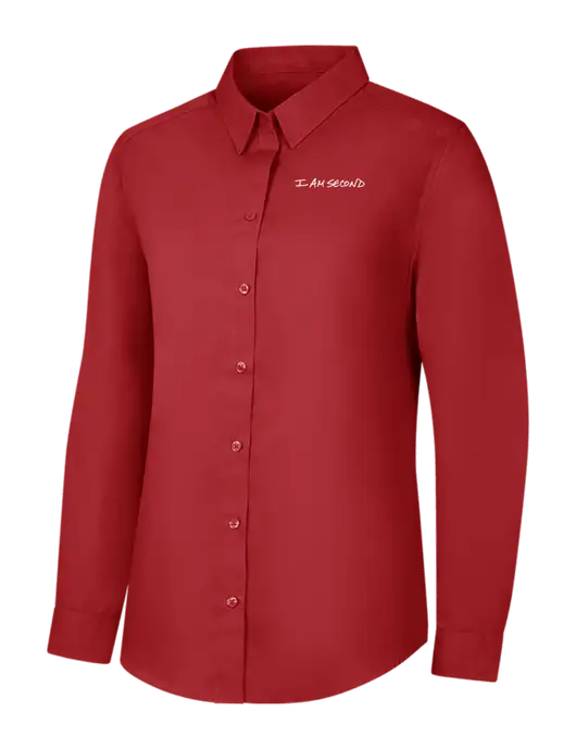 Womens Rich Red  Long Sleeve Carefree Poplin Shirt w/I Am Second Logo