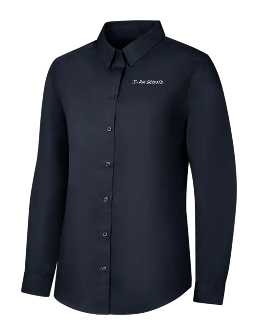 Womens River Blue Navy Long Sleeve Carefree Poplin Shirt w/I Am Second Logo