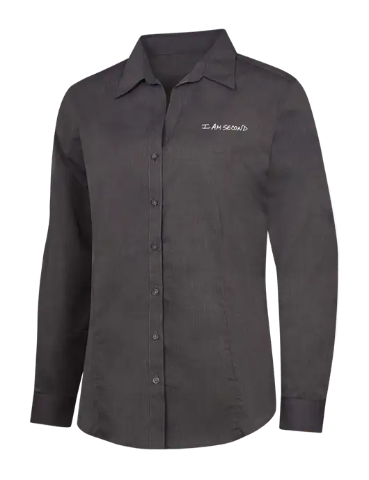 Womens Soft Black Crosshatch Easy Care Shirt w/I Am Second Logo