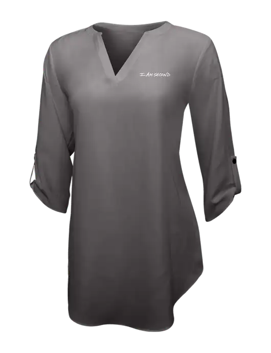 Dark Grey Womens 3/4 Sleeve Tunic Blouse w/I Am Second Logo