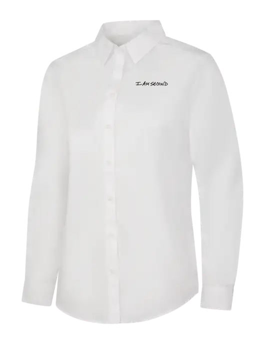 Womens White Long Sleeve Carefree Poplin Shirt w/I Am Second Logo