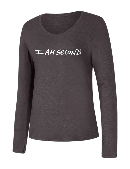 Womens Seriously Soft Heathered Charcoal V-Neck Long Sleeve T-Shirt w/I Am Second Logo