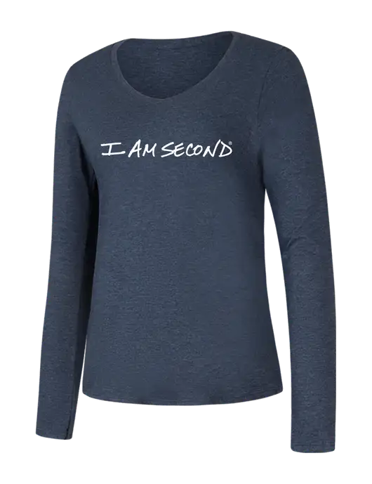 Womens Seriously Soft Heathered Navy V-Neck Long Sleeve T-Shirt w/I Am Second Logo