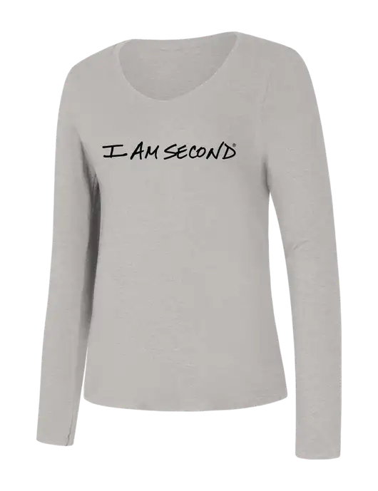 Womens Seriously Soft Light Heathered Grey V-Neck Long Sleeve T-Shirt w/I Am Second Logo