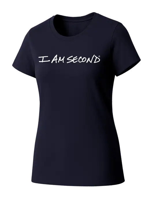Womens Seriously Soft New Navy T-Shirt w/I Am Second Logo