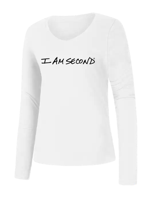 Womens Seriously Soft White V-Neck Long Sleeve T-Shirt w/I Am Second Logo
