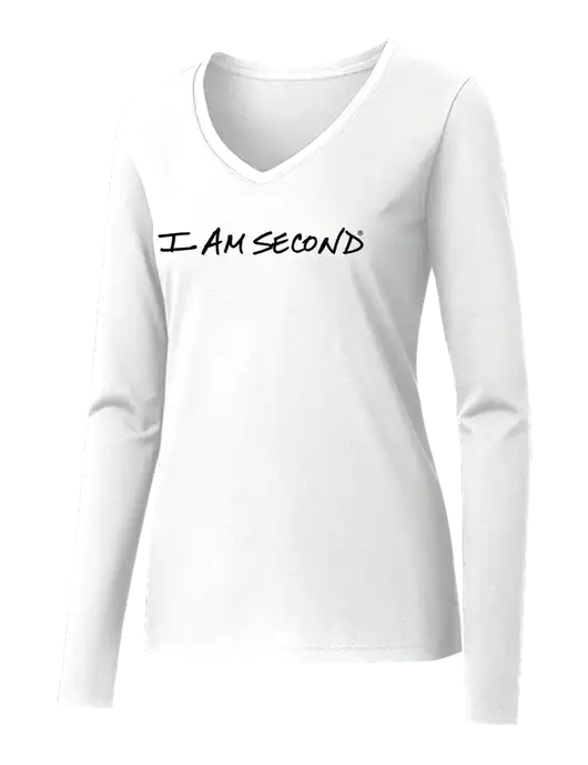 Womens Seriously Soft White V-Neck Long Sleeve T-Shirt w/I Am Second Logo