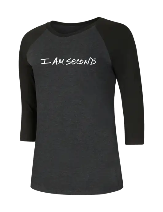 Womens Simply Soft 3/4 Sleeve Black/Black Frost Ring Spun Cotton T-Shirt w/I Am Second Logo