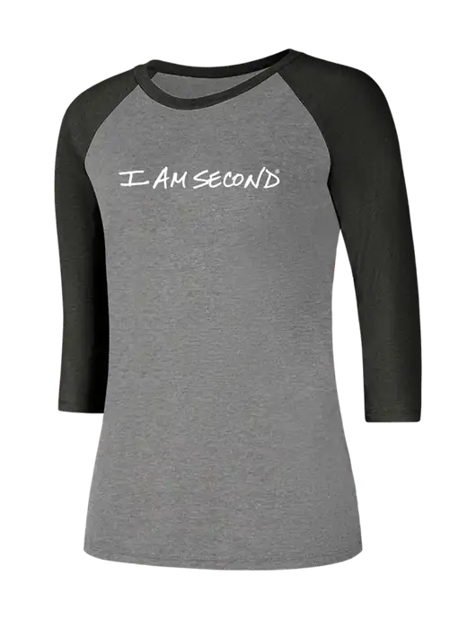 Womens Simply Soft 3/4 Sleeve Black Frost/Grey Frost Ring Spun Cotton T-Shirt w/I Am Second Logo