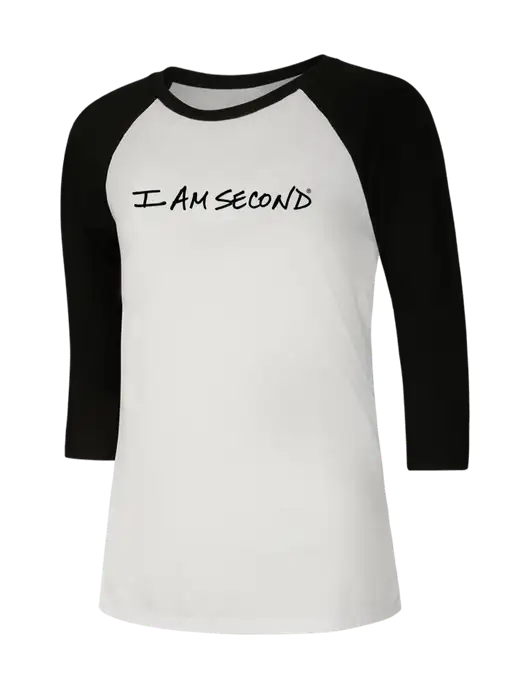 Womens Simply Soft 3/4 Sleeve Black/White Ring Spun Cotton T-Shirt w/I Am Second Logo