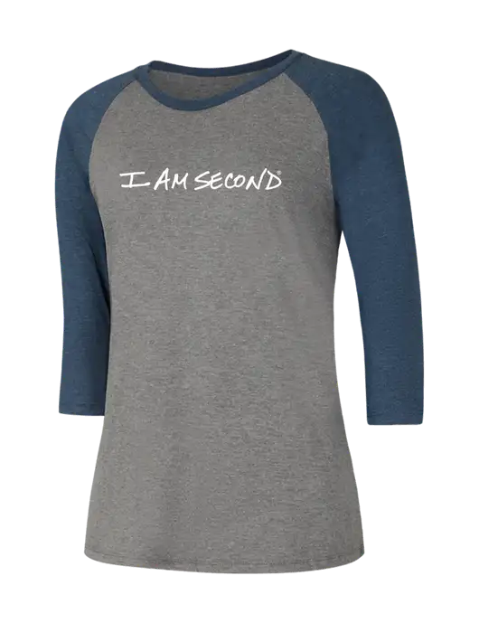 Womens Simply Soft 3/4 Sleeve Navy Frost/Grey Frost Ring Spun Cotton T-Shirt w/I Am Second Logo