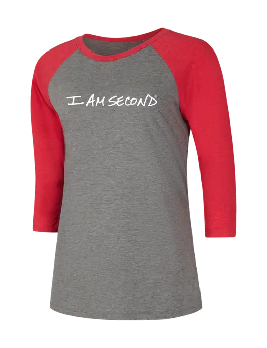 Womens Simply Soft 3/4 Sleeve Red Frost/Grey Frost Ring Spun Cotton T-Shirt w/I Am Second Logo