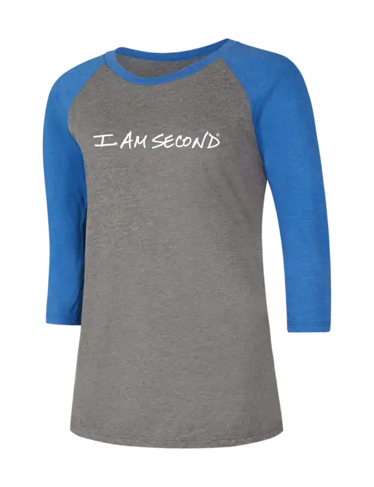 Womens Simply Soft 3/4 Sleeve Royal Frost/Grey Ring Spun Cotton T-Shirt w/I Am Second Logo
