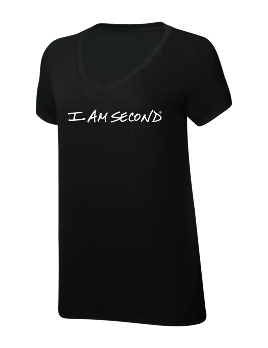 Womens Simply Soft V-Neck Black 4.5oz  Poly/Combed Ring Spun Cotton T-Shirt w/I Am Second Logo