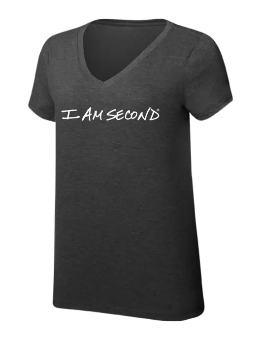 Womens Simply Soft V-Neck Black Frost 4.5oz  Poly/Combed Ring Spun Cotton T-Shirt w/I Am Second Logo