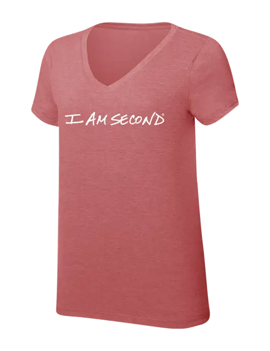 Womens Simply Soft V-Neck Blush Frost 4.5oz  Poly/Combed Ring Spun Cotton T-Shirt w/I Am Second Logo