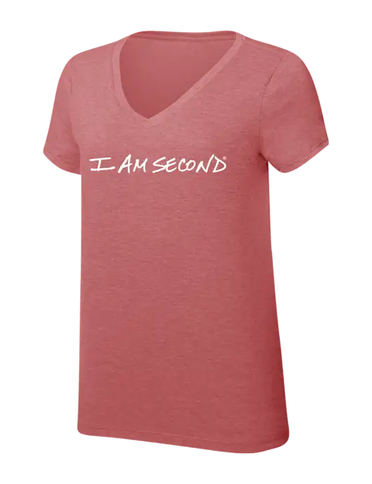 Womens Simply Soft V-Neck Blush Frost 4.5oz  Poly/Combed Ring Spun Cotton T-Shirt w/I Am Second Logo
