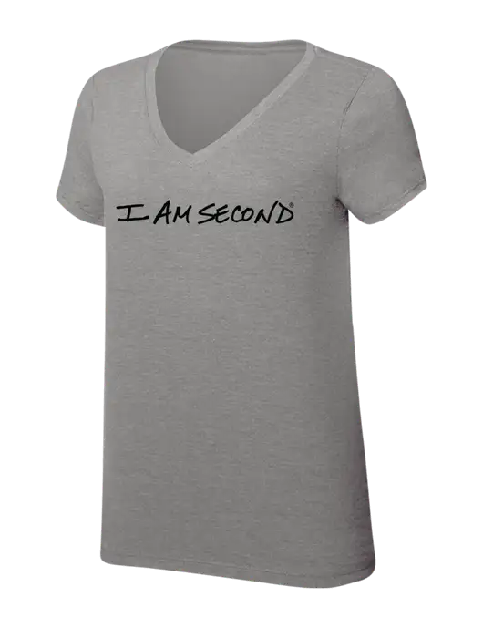 Womens Simply Soft V-Neck Grey Frost 4.5oz  Poly/Combed Ring Spun Cotton T-Shirt w/I Am Second Logo