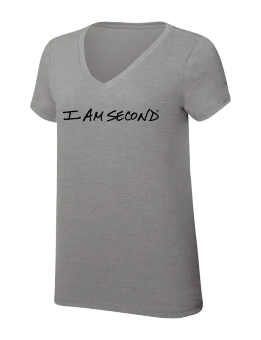 Womens Simply Soft V-Neck Grey Frost 4.5oz  Poly/Combed Ring Spun Cotton T-Shirt w/I Am Second Logo