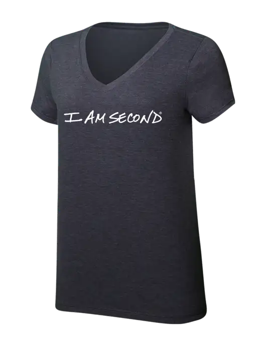 Womens Simply Soft V-Neck Heather Charcoal 4.5oz  Poly/Combed Ring Spun Cotton T-Shirt w/I Am Second Logo