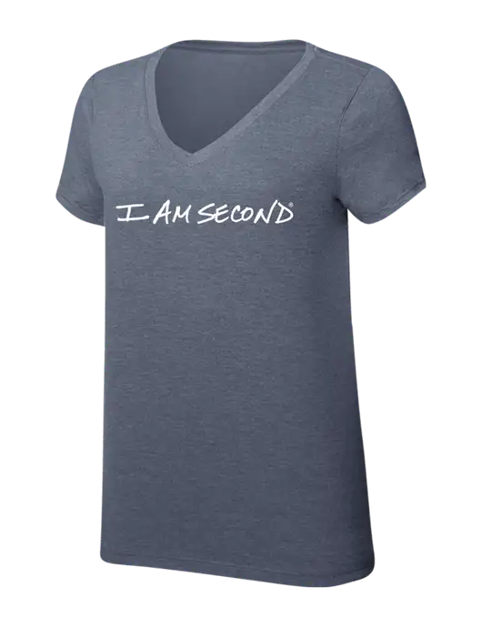Womens Simply Soft V-Neck Navy Frost 4.5oz  Poly/Combed Ring Spun Cotton T-Shirt w/I Am Second Logo