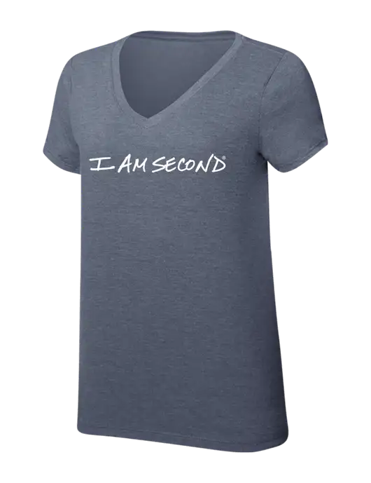 Womens Simply Soft V-Neck Navy Frost 4.5oz  Poly/Combed Ring Spun Cotton T-Shirt w/I Am Second Logo